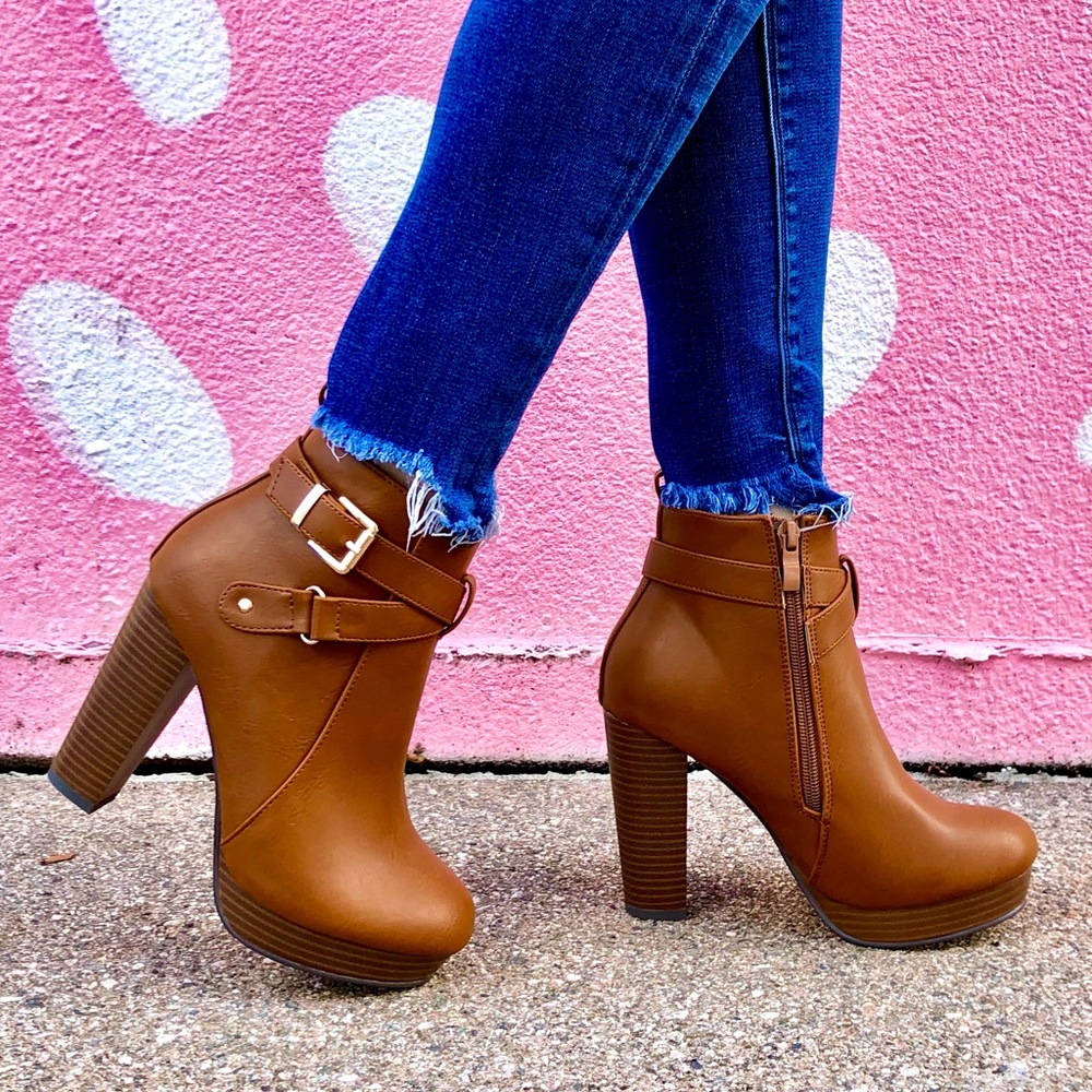 Cognac Tan Vegan Leather Buckle Ankle Boots - Picture 6 of 12